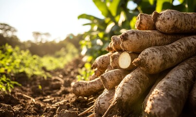 Wall Mural - Golden Hour Harvest Freshly Dug Cassava Roots in Field