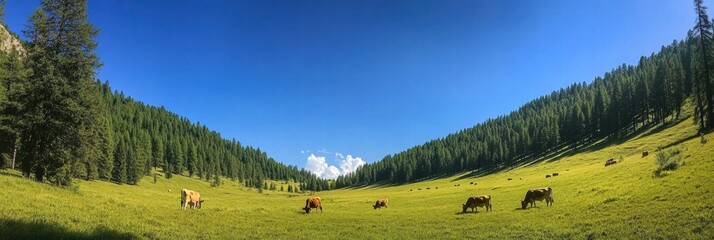 Aufkleber - Peaceful cows grazing in a vibrant green meadow surrounded by tall trees on a sunny day. Generative AI
