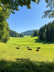 Aufkleber - Cows grazing on a lush green meadow surrounded by forests and hills in the bright daylight of summer. Generative AI