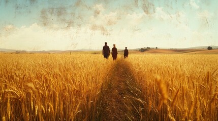 Poster - Golden Wheat Field Walk Three Figures Silhouette Sunset