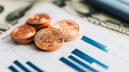 Poster - Several shiny bitcoin cryptocurrency coins are placed on a financial chart showing positive growth potential, with dollar bills in the background, representing investment and financial success