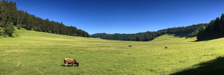 Aufkleber - Cows graze peacefully on a lush green meadow in a serene natural landscape during a clear sunny day. Generative AI
