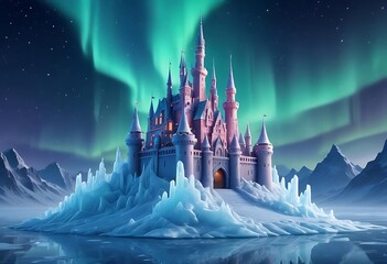 castle is on a frozen island with a blue sky in the background