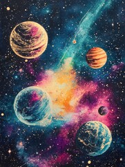 Aufkleber - Bright galaxy print featuring stars, nebulas, and glowing planets in vibrant colors and intricate details. Generative AI