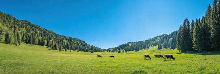 Aufkleber - Cows grazing on lush green meadow under clear blue sky near forested mountains. Generative AI