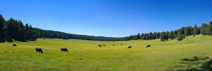 Aufkleber - Cows grazing on a lush green meadow under a clear blue sky in a serene countryside landscape. Generative AI