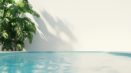Poster - Tropical plant casting a shadow over a swimming pool in a luxury hotel, creating a relaxing and inviting atmosphere perfect for summer holidays and travel