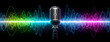 © PhotoMaster - Professional microphone glowing with neon waveforms, showcasing themes of music, podcasting and audio production in a futuristic - colorful design banner cover