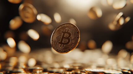 Poster - Gold bitcoins are dynamically moving over a blurred pile of coins, symbolizing the fluctuating cryptocurrency market and investment opportunities in finance