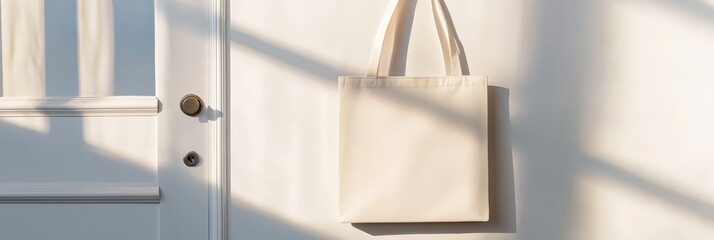 Aufkleber - Sunlight streaming through a nearby window illuminates a blank, white tote bag hanging on a white wall, creating dramatic shadows, ideal for showcasing designs or logos