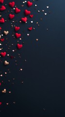 Poster - Small red and gold hearts and confetti are cascading down a dark blue background, creating a romantic atmosphere perfect for valentine's day, anniversaries, or declarations of love