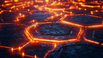 Poster - Glowing hexagonal grid, dark stone texture, fiery orange lines.