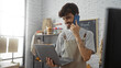 © Krakenimages.com - Young, handsome, hispanic man with a beard working in a bakery, smiling while talking on a smartphone and using a laptop in an indoor shop setting.