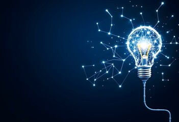 Poster - Digital light bulb with glowing network connections on dark blue background. Innovation technology concept for business solutions. Modern tech design with copy space