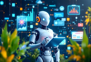 Poster - Modern robot working with digital charts and graphs in futuristic office environment. AI technology assistant analyzing business data. Digital transformation and machine learning concept