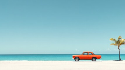 Poster - Surreal image of an orange vintage car parked on a white sand beach next to a palm tree, with turquoise ocean and a large copy space area in the sky, ideal for advertising banners