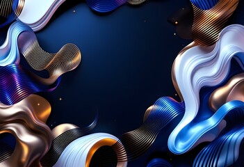 Poster - Dynamic liquid metal abstract shapes on dark background. Futuristic 3d waves in blue, purple and copper colors. Modern fluid art design for technology or science concept with space
