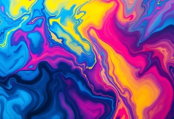 Poster - Vibrant fluid art with swirling pink, blue and yellow colors. Abstract marble texture. Colorful acrylic paint mix. Modern liquid background design for creative projects with copy space