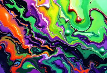 Poster - Vibrant liquid art with swirling neon colors. Abstract fluid acrylic paint texture with green, purple and orange waves. Modern marble effect background for design with copy space