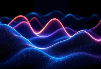 Poster - Glowing neon waves in dark background. Abstract digital landscape with pink and blue light waves. Modern futuristic design. Technology background for presentation or banner with copy space