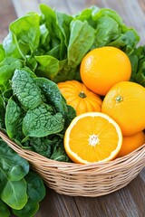 Wall Mural - Freshly harvested basket of oranges and leafy greens on a rustic wooden table