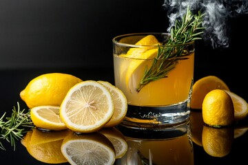 Refreshing rosemary lemon drink garnished with fresh lemons and herbs in creative presentation