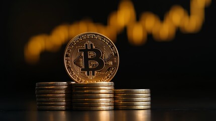 Poster - Golden bitcoin standing on stacks of coins with a growing graph in the background, representing successful investment and growth in cryptocurrency market