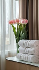 Wall Mural - A serene hotel room setting features neatly stacked white towels next to a vase of pink tulips placed on a glossy table. Soft natural light filters through sheer curtains