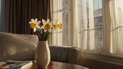 Wall Mural - Bright red tulips are beautifully arranged in a vase, highlighted in the foreground against a softly blurred bedroom setting. Natural light gently illuminates the scene, creating a serene atmosphere