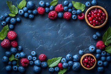 Wall Mural - Fresh Berry Border with Blueberries, Raspberries, and Leaves on Dark Background for Food Design