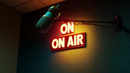 Poster - Professional microphone recording audio in a radio station with an on air sign illuminated, creating a vibrant atmosphere for broadcasting and communication