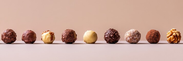 Poster - Gourmet chocolate truffles arranged in a captivating row. Showcasing a variety of flavors and coatings. Perfect for valentine's day. Birthdays. Or any special occasion celebrating love and indulgence