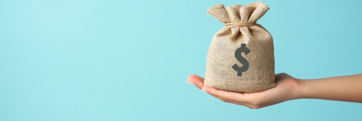 Poster - Hand gently holding a small bag of money symbolizing savings, investment, donation, or earnings, against a vibrant teal backdrop, promoting financial concepts