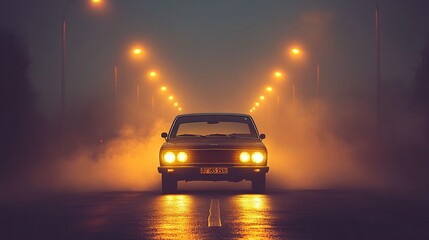 Sticker - Classic car driving through foggy, lamp-lit road at night