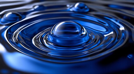 Fototapete - Close-up of a large water droplet impacting a dark blue liquid surface, creating concentric ripples and smaller bubbles.