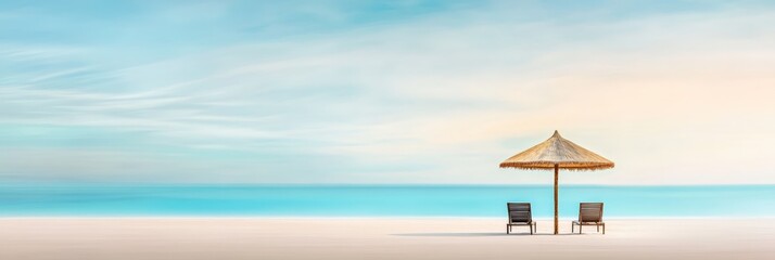 Aufkleber - Two empty beach chairs sit beneath a parasol on a pristine white sand beach, overlooking a breathtaking turquoise ocean, creating a perfect vacation getaway scene