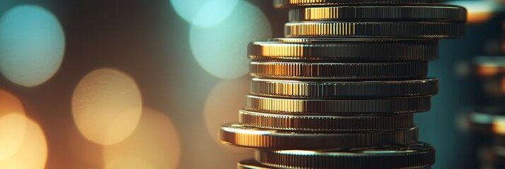 Poster - Stack of gold coins against a warm bokeh background symbolizes successful finance and growth, exuding wealth and prosperity