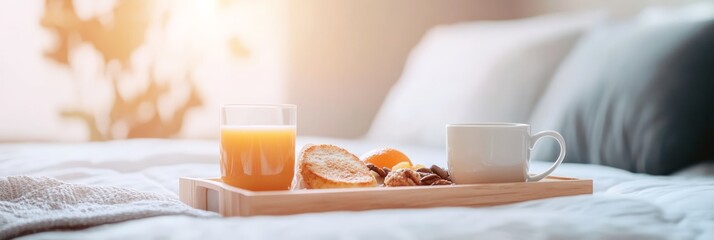 Poster - Sunlight illuminating a healthy breakfast on a wooden tray, featuring orange juice, coffee, toast, tangerines, and nuts, creates a cozy vacation morning in bed