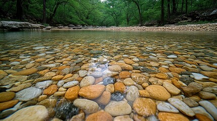 Poster - Clear creek shallows with colorful rocks, trees lining banks