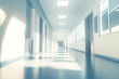 © SABER - Blurred background of a hospital corridor with copy space, a blurred abstract modern interior business office hall, or a white panoramic view window for a banner background with a bokeh effect