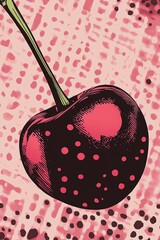 Canvas Print - A vibrant pop art illustration of a bitten chocolate-covered cherry with bold pink and black contrasts and a dotted textured background