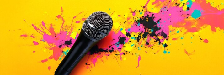 Poster - Black microphone resting on a vibrant yellow background splattered with colorful paint, capturing the energy and passion of musical expression for various performance concepts
