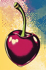 Canvas Print - A vibrant pop art illustration of a glossy cherry with a green stem, set against a bold yellow, pink, and blue halftone background with dynamic dot patterns