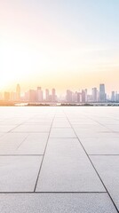 Aufkleber - Featuring empty square floor tiles alongside a modern city skyline panorama in shanghai, china, during sunset, creating an ideal backdrop for car advertising and promotions