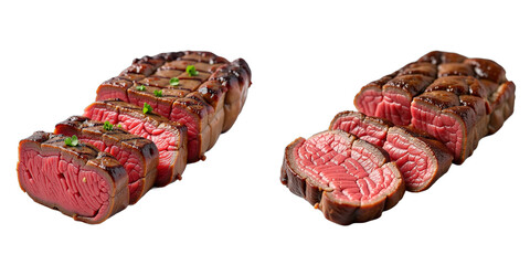 Poster - Sliced Cooked Beef Steak, Medium Rare, Is Visually Appealing When Presented On A Clean And Simple White Background. 00001