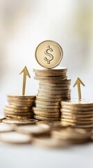 Poster - Stacks of gold coins symbolizing increasing profits with two upward arrows and a large coin with a dollar sign on top representing successful investment