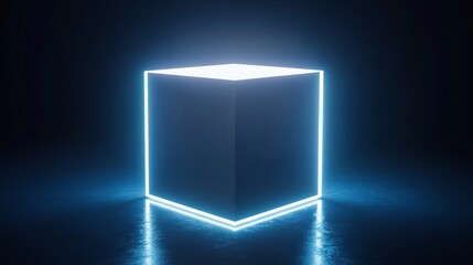 Poster - Glowing cube with neon light, dark background.