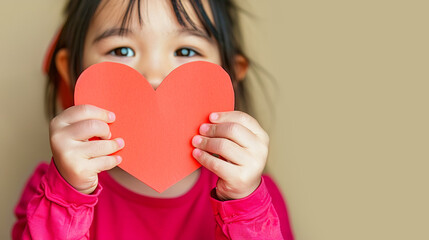 Little girl holding red and pink paper hearts cut out of paper. Valentine love charity donation concept