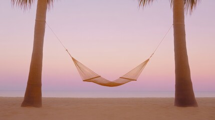 Aufkleber - Empty hammock hanging between two palm trees on a beautiful tropical beach at sunset invites guests to relax and enjoy the serene atmosphere