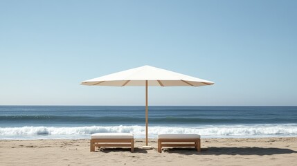 Aufkleber - Two empty beach loungers resting beneath a large white umbrella on a sandy beach, inviting relaxation while offering a stunning view of the tranquil ocean waves and blue sky